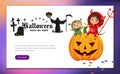 Cartoon kids sitting on Halloween pumpkin poster. Happy children in Hallows mystery costumes of shrek and devil having