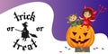 Cartoon kids sitting on Halloween pumpkin poster. Happy children in Hallows mystery costumes of shrek and devil having