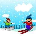 Cartoon kids skiing