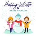 Cartoon kids, snowman, happy winter warm wishes text, Christmas season, winter holidays. Design for wrapping, fabric