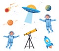 Cartoon kids space and galaxy. Space objects, telescope, astronauts, rocket, flying saucer, planets, comet. Vector illustartion