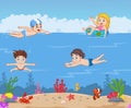 Cartoon kids swimming in the tropical ocean