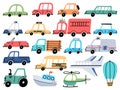 Cartoon kids toy cars police, ambulance, airplane and boat. Vehicles, truck, bus and tractor. Flat transport in simple