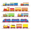 Cartoon kids toy trains, locomotive and wagons vector set