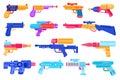 Cartoon kids toy weapons, water guns, pistols and blasters. Plastic handguns and rayguns for summer games. Children Royalty Free Stock Photo