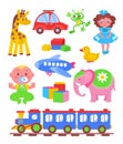 Cartoon kids toys. Baby colorful elements for playing. Cute dolls. Cars and train locomotive. Plush animals. Babies