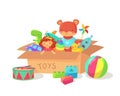 Cartoon kids toys in cardboard toy box. Children holiday gift boxes with child playthings. Plaything vector illustration