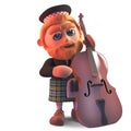 Cartoon kilt wearing Scottish man playing a double bass, 3d illustration Royalty Free Stock Photo