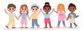 Cartoon kindergarten multicultural kid friends hold hands. Happy children diverse group. Multiracial boy and girl Royalty Free Stock Photo