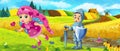 Cartoon king knight fairy queen near farm ranch Royalty Free Stock Photo