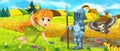 Cartoon king knight fairy queen near farm ranch Royalty Free Stock Photo