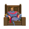 Cartoon King. Majesty happy king character on the throne, wearing crown and mantle, cartoon vector illustration isolated