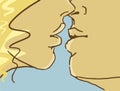 Cartoon Kissing Lovers, Closeup. Colorful Vector Sketch.