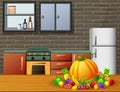 Cartoon kitchen interior with furniture and fruits on a wooden table