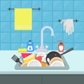 Cartoon Kitchen Sink with Different Kitchenware. Vector