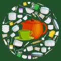Cartoon kitchen utensil set, collection of orange teepot and green cup with saucer vector illustration Royalty Free Stock Photo