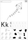 Cartoon kite and kiwi. Alphabet tracing worksheet: writing A-Z a