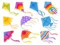 Cartoon kites. Wind flying toy with ribbon and tail for kids. Makar Sankranti. Butterfly, fish and rainbow kite shape