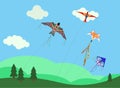 Cartoon kites. Wind flying toy with ribbon and tail for kids. Makar Sankranti. Butterfly, fox, eagle kite shape and