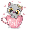 Cartoon kitten with a bow is sitting in a Cup of coffee Royalty Free Stock Photo