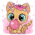 Cartoon Kitten with bubble gum on a pink background Royalty Free Stock Photo