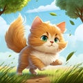 Cartoon kitten, fluffy, friendly, energetic, running in a park with green trees and blue skies, adorable and cartoonish style