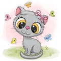 Cartoon Kitten girl on a meadow with butterflies Royalty Free Stock Photo