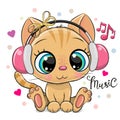 Cartoon Kitten with pink headphones on a white background