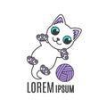 Cartoon kitten playing with ball. Cat logo. Simple animal logotype for shop or handmade company