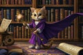 cartoon Kitten Wizard wearing purple coat and cape and holding magic Wand Generative AI