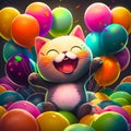 Cartoon kitty smiled and holds colored balloons. Generative AI