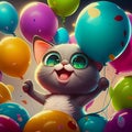 Cartoon kitty smiled and holds colored balloons. Generative AI