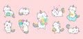 Cartoon kitty unicorn. Cats unicorns, animated cartoon funny characters. Cute love kawaii caticorns, fairy happy