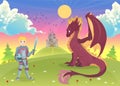 Cartoon knight with dragon. A castle in the background.