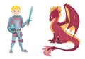 Cartoon knight with fierce dragon on white background Royalty Free Stock Photo