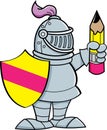 Cartoon knight holding a shield and a pencil