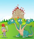 Cartoon knight with three headed dragon Royalty Free Stock Photo