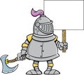 Cartoon knight wearing a helmet while holding a sign and a battle axe.