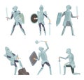 Cartoon knights. Medieval warrior on horse vector cartoon characters in action poses