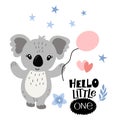 Cartoon koala, ball, inscription -hello little one