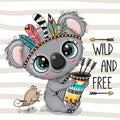 Cartoon Koala with feathers on a stripes background Royalty Free Stock Photo