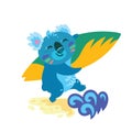 Cartoon koala running along the beach with surf. Cool vector character