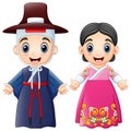 Cartoon Korean couple wearing traditional costumes