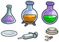 Cartoon laboratory flask, pills and syringe