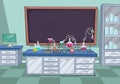 Cartoon laboratory with science experiments.