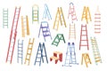 Cartoon ladder. Different types of stepladders, tall ladders for scaling new height isolated vector illustration set