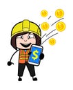 Cartoon Lady Engineer showing Mobile Money