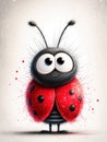 A cartoon ladybug with a red, scribbled shell and black dots stands comically posed Its head has crossed eyes, wiggling antennae Royalty Free Stock Photo