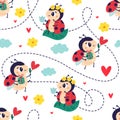 Cartoon ladybug seamless pattern. Beetle characters with hearts, flowers and clouds. Red polka dot insects. Kids print Royalty Free Stock Photo