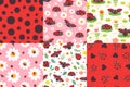 Cartoon ladybug seamless pattern. Ladybird texture, ladybugs in flowers and cute red bug vector illustration set